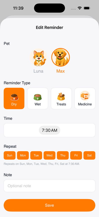 Edit Reminder screen choosing pet, reminder type, time and repeat days