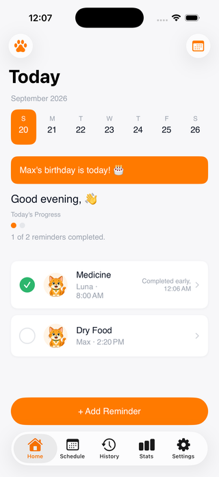 FeedMe.pet Today screen showing a pet's daily feeding and medicine reminders with progress