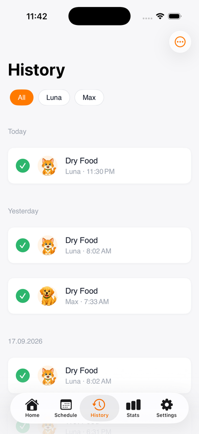 History screen listing completed reminders by day