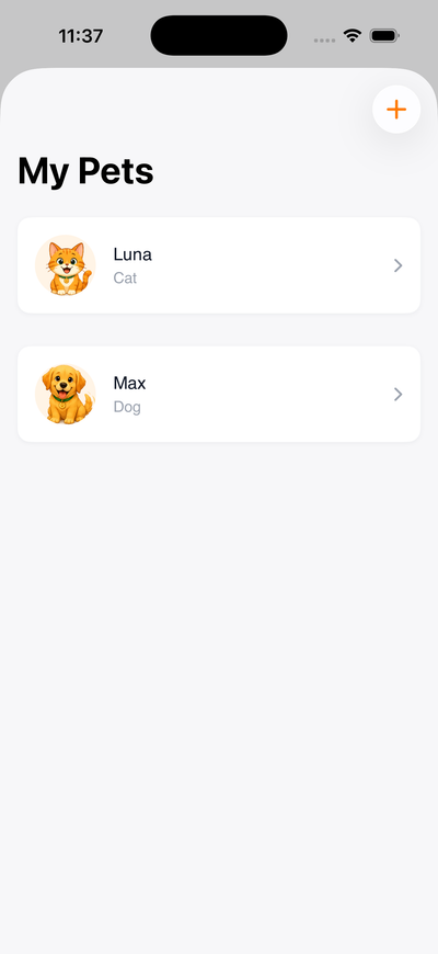 My Pets screen listing Luna the cat and Max the dog