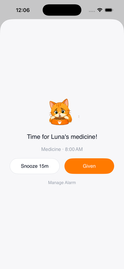 Reminder notification saying time for Luna's medicine, with Snooze and Given buttons