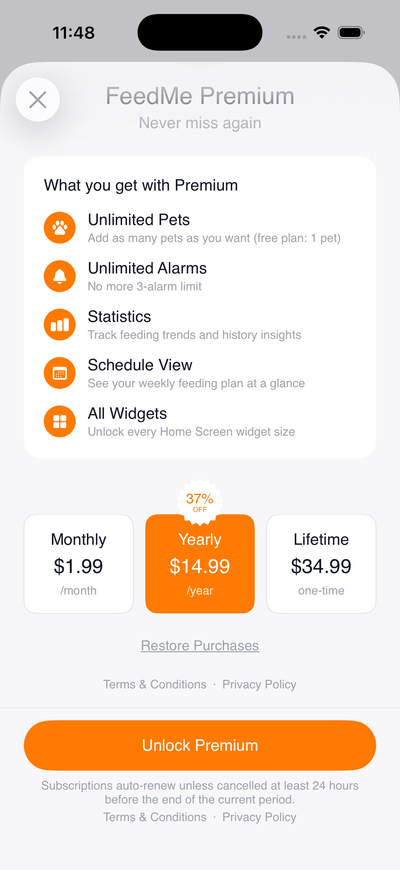 FeedMe Premium screen listing plan features and pricing options