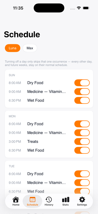 Weekly schedule screen listing reminders for each day